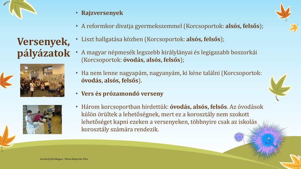 kéne találni (Korcsoportok: óvodás, alsós, felsős). Vers és prózamondó verseny Három korcsoportban hirdettük: óvodás, alsós, felsős.