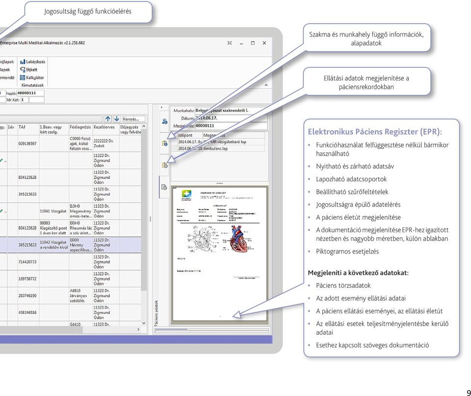 páciens életút megjelenítése A dokumentáció megjelenítése EPR-hez igazított nézetben és nagyobb méretben, külön ablakban Piktogramos esetjelzés Megjeleníti a következő adatokat: