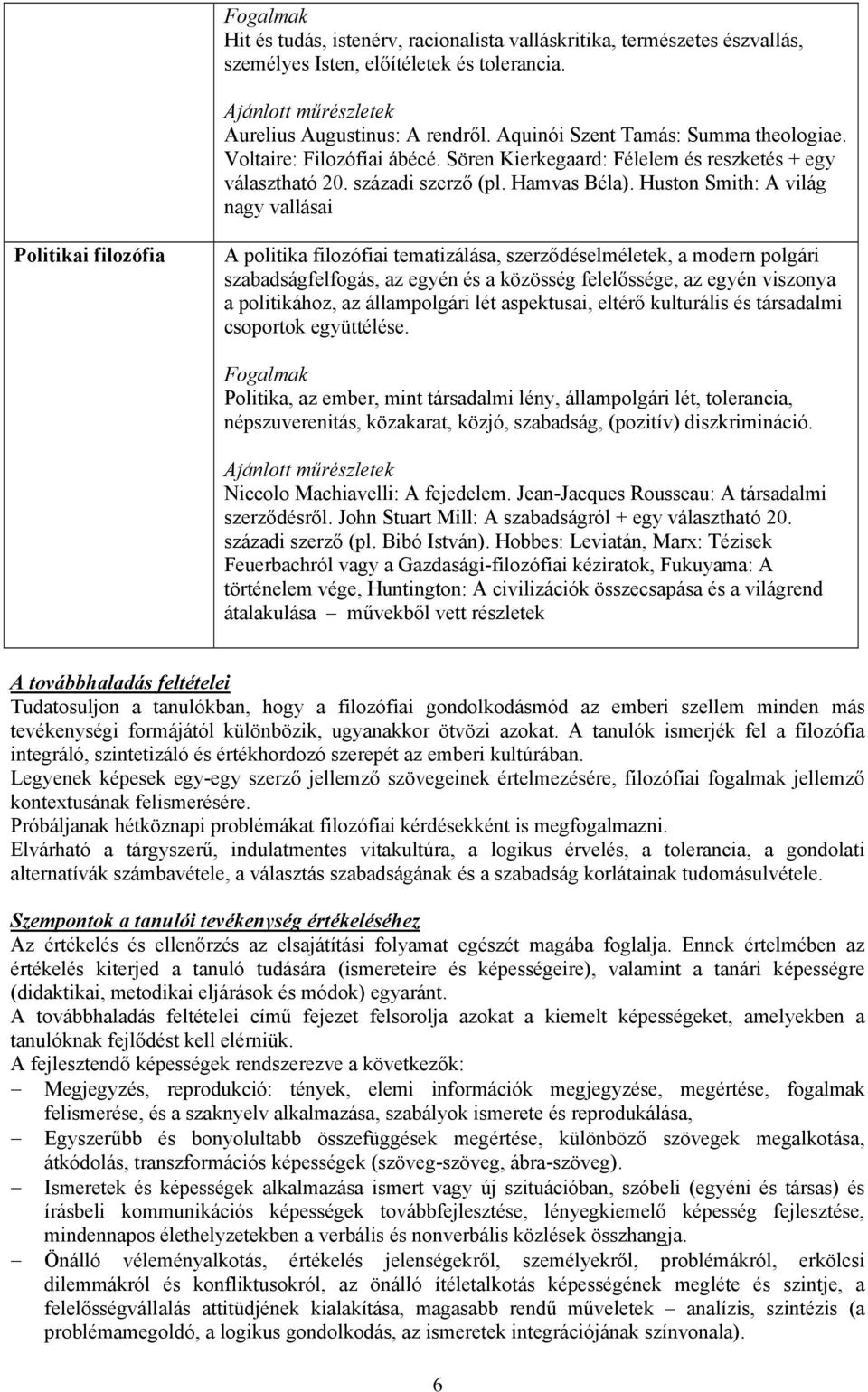 Huston Smith: A világ nagy vallásai Politikai filozófia A politika filozófiai tematizálása, szerződéselméletek, a modern polgári szabadságfelfogás, az egyén és a közösség felelőssége, az egyén