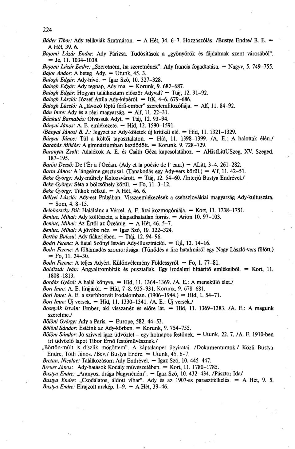327-328. Balogh Edgár: Ady tegnap, Ady ma. Korunk, 9. 682-687. Balogh Edgár: Hogyan találkoztam először Adyval? -= Ttáj, 12. 91-92. Balogh László: József Attila Ady-képéről. - ItK, 4-6. 679-686.