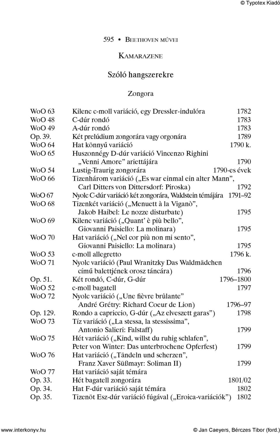 WoO 65 Huszonnégy D-dúr variáció Vincenzo Righini Venni Amore ariettájára 1790 WoO 54 Lustig-Traurig zongorára 1790-es évek WoO 66 Tizenhárom variáció ( Es war einmal ein alter Mann, Carl Ditters von