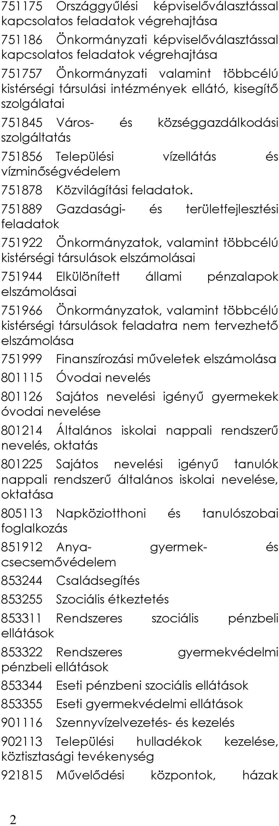 751889 Gazdasági- és területfejlesztési feladatok 751922 Önkormányzatok, valamint többcélú kistérségi társulások elszámolásai 751944 Elkülönített állami pénzalapok elszámolásai 751966 Önkormányzatok,