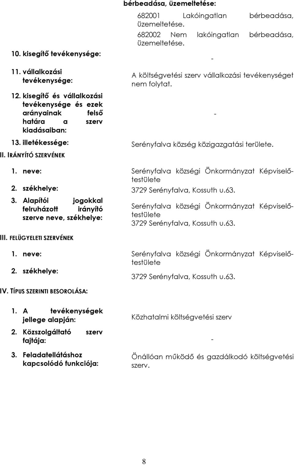 682002 Nem lakóingatlan bérbeadása, üzemeltetése. - A költségvetési szerv vállalkozási tevékenységet nem folytat. - 13. illetékessége: Serényfalva község közigazgatási területe. II.