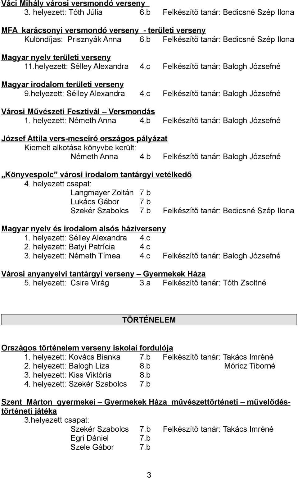 helyezett: Sélley Alexandra 4.c Felkészítő tanár: Balogh Józsefné Városi Művészeti Fesztivál Versmondás 1. helyezett: Németh Anna 4.