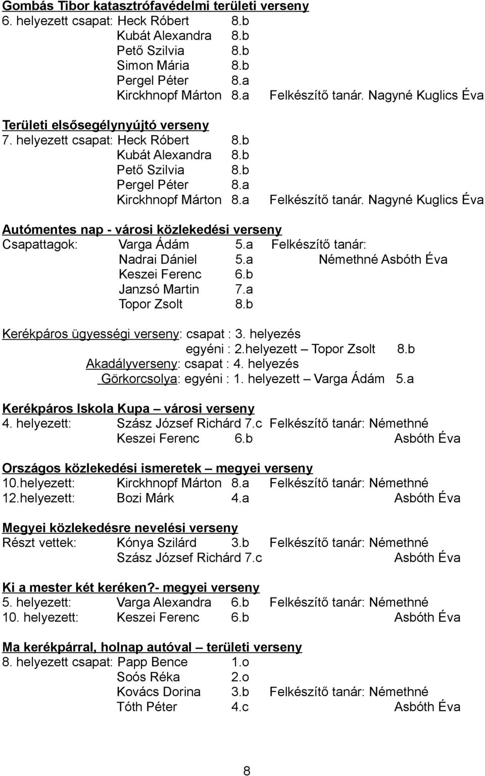 Nagyné Kuglics Éva Autómentes nap - városi közlekedési verseny Csapattagok: Varga Ádám 5.a Felkészítő tanár: Nadrai Dániel 5.a Némethné Asbóth Éva Keszei Ferenc 6.b Janzsó Martin 7.a Topor Zsolt 8.