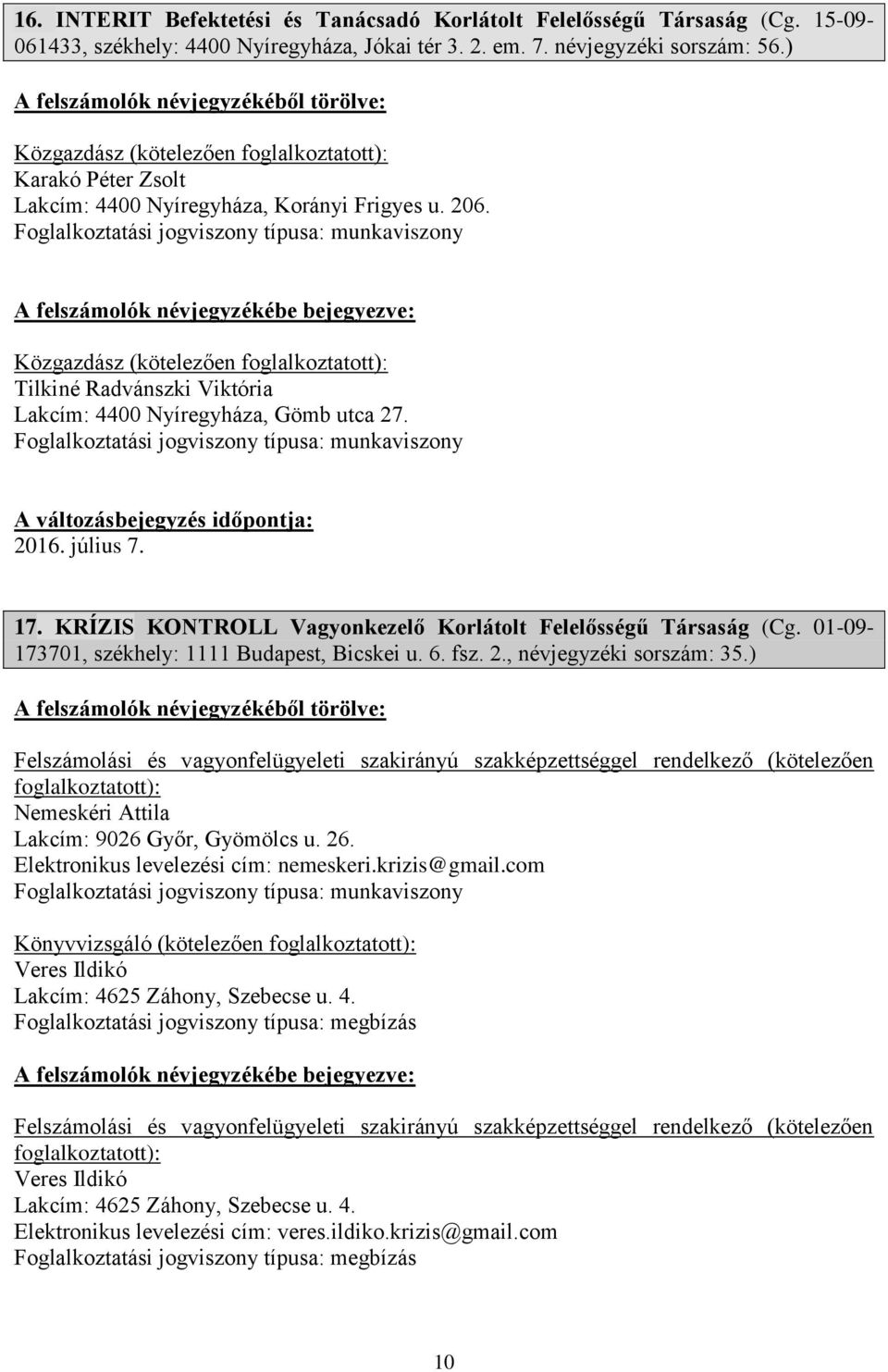 17. KRÍZIS KONTROLL Vagyonkezelő Korlátolt Felelősségű Társaság (Cg. 01-09- 173701, székhely: 1111 Budapest, Bicskei u. 6. fsz. 2., névjegyzéki sorszám: 35.