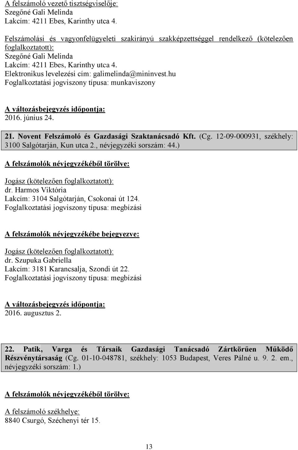 Harmos Viktória Lakcím: 3104 Salgótarján, Csokonai út 124. i Jogász (kötelezően dr. Szupuka Gabriella Lakcím: 3181 Karancsalja, Szondi út 22.