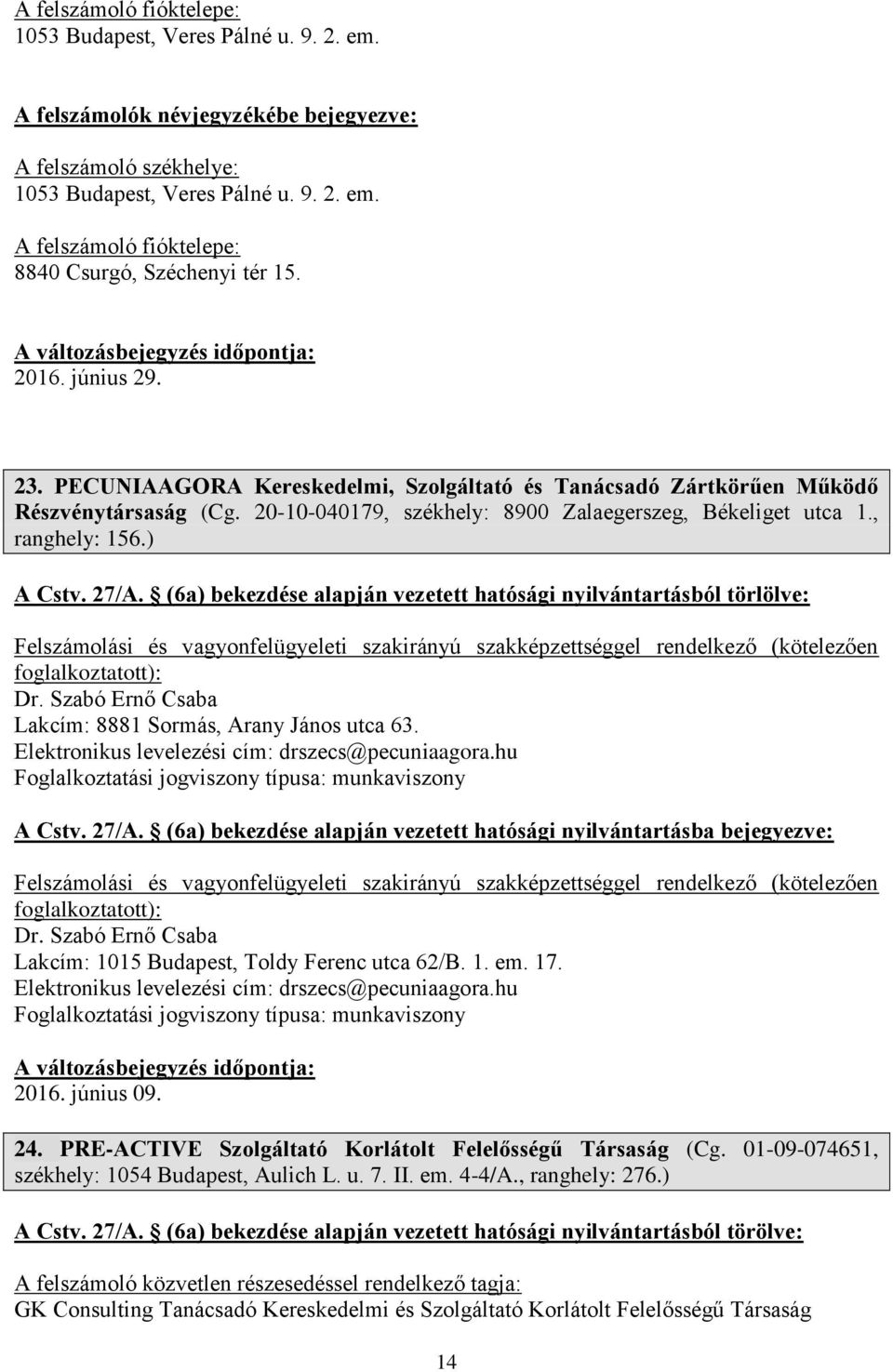 (6a) bekezdése alapján vezetett hatósági nyilvántartásból törlölve: Dr. Szabó Ernő Csaba Lakcím: 8881 Sormás, Arany János utca 63. Elektronikus levelezési cím: drszecs@pecuniaagora.hu A Cstv. 27/A.
