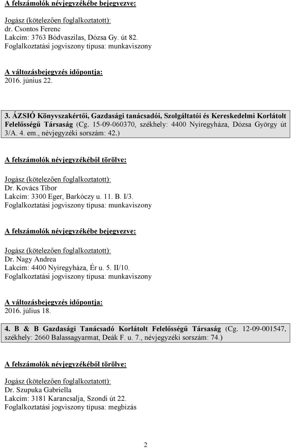 Jogász (kötelezően Dr. Nagy Andrea Lakcím: 4400 Nyíregyháza, Ér u. 5. II/10. 2016. július 18. 4. B & B Gazdasági Tanácsadó Korlátolt Felelősségű Társaság (Cg.