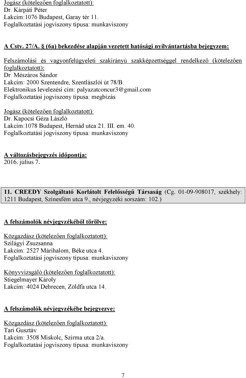 Kapocsi Géza László Lakcím:1078 Budapest, Hernád utca 21. III. em. 40. 2016. július 7. 11. CREEDY Szolgáltató Korlátolt Felelősségű Társaság (Cg.