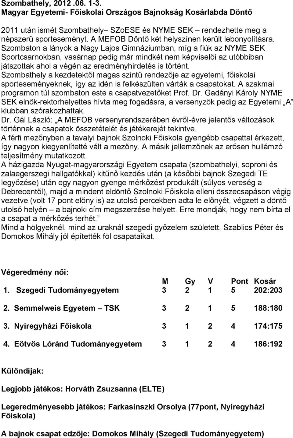 Szombaton a lányok a Nagy Lajos Gimnáziumban, míg a fiúk az NYME SEK Sportcsarnokban, vasárnap pedig már mindkét nem képviselői az utóbbiban játszottak ahol a végén az eredményhirdetés is történt.