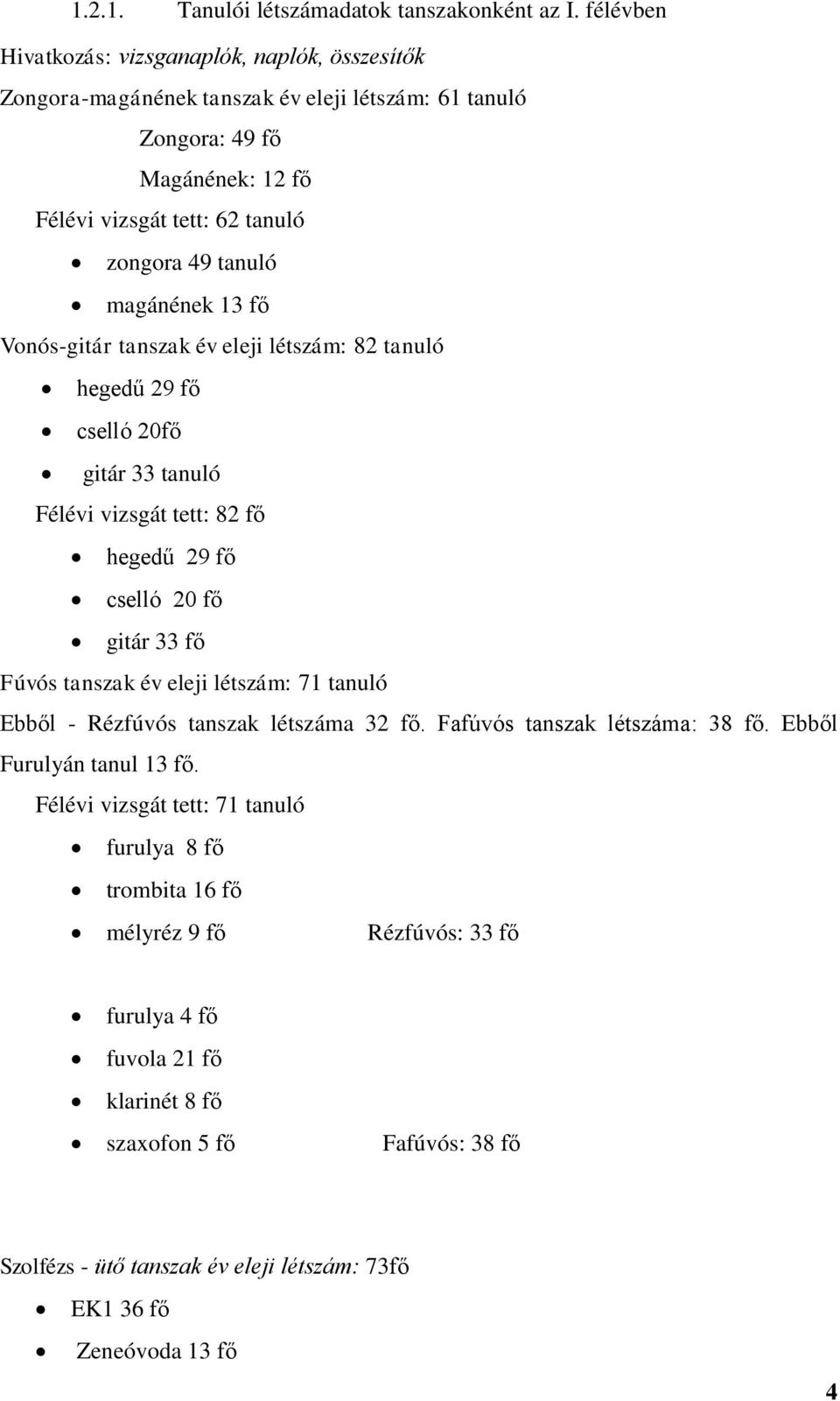 magánének 13 fő Vonós-gitár tanszak év eleji létszám: 82 tanuló hegedű 29 fő cselló 20fő gitár 33 tanuló Félévi vizsgát tett: 82 fő hegedű 29 fő cselló 20 fő gitár 33 fő Fúvós tanszak év eleji