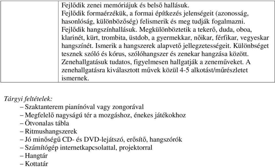 Különbséget tesznek szóló és kórus, szólóhangszer és zenekar hangzása között. Zenehallgatásuk tudatos, figyelmesen hallgatják a zeneműveket.