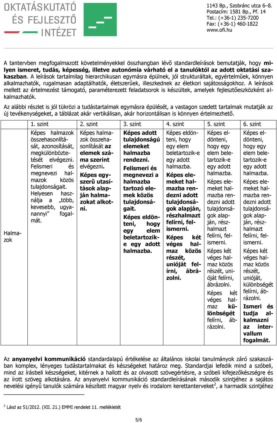 A tantervben megfogalmazott követelményekkel összhangban lévő standardleírások bemutatják, hogy milyen ismeret, tudás, képesség, illetve autonómia várható el a tanulóktól az adott oktatási szakaszban.