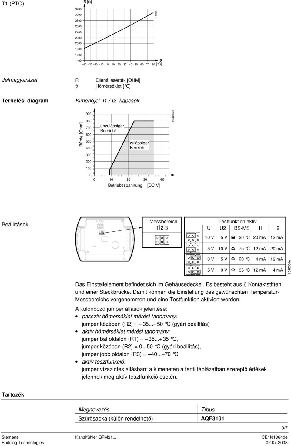 zulässiger Bereich 0 0 10 20 30 40 Betriebsspannung [DC V] 1864D03de Beállítások Range 1 2 3 Messbereich 1 2 3 Testfunktion aktiv U1 U2 BS-MS I1 I2 10 V 20 C 20 ma 10 V 75 C 20 ma 0 V 0 V 20 C 35 C 4