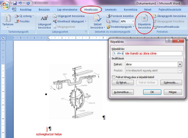 Majd válasszuk a Hivatkozás fül, Képaláírás beszúrása parancsot, miután az ábra alatti bekezdésbe álltunk a szövegkurzorral.