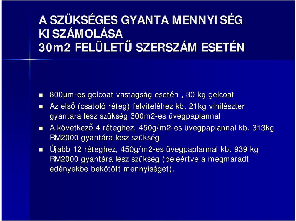 21kg vinilészter gyantára lesz szüks kség g 300m2-es üvegpaplannal A következk vetkező 4 réteghez, r 450g/m2-es