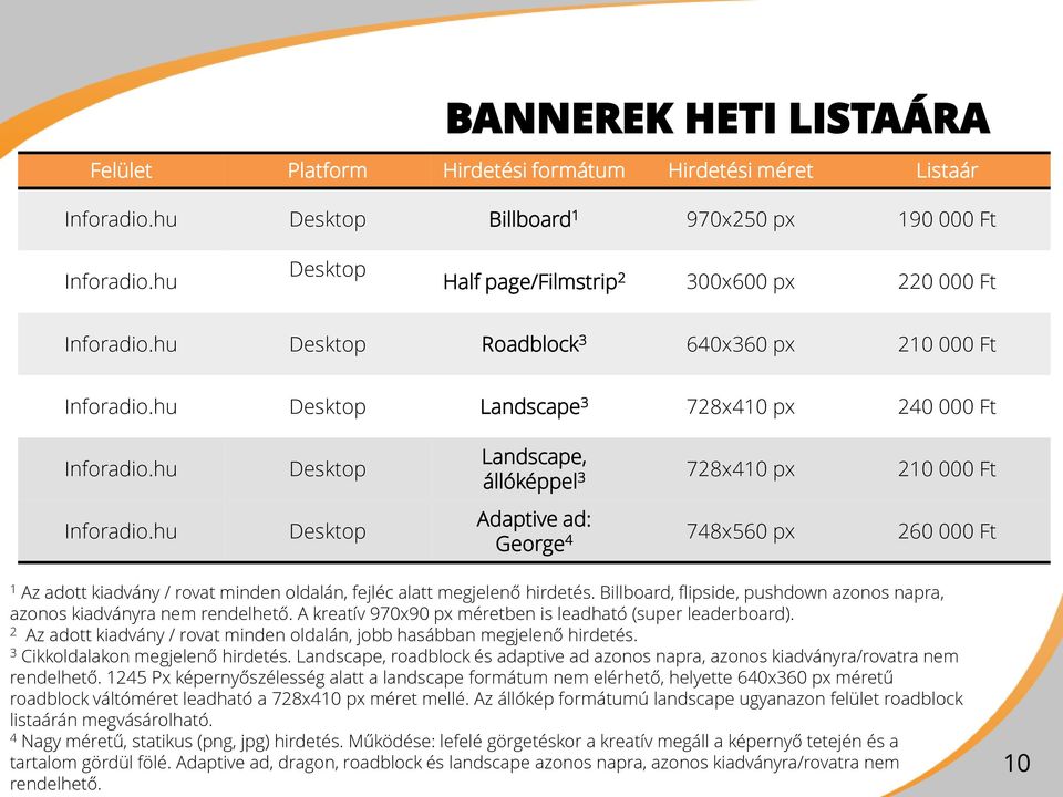 hu Desktop Desktop Landscape, állóképpel 3 728x410 px 210 000 Ft Adaptive ad: George 4 748x560 px 260 000 Ft 1 Az adott kiadvány / rovat minden oldalán, fejléc alatt megjelenő hirdetés.