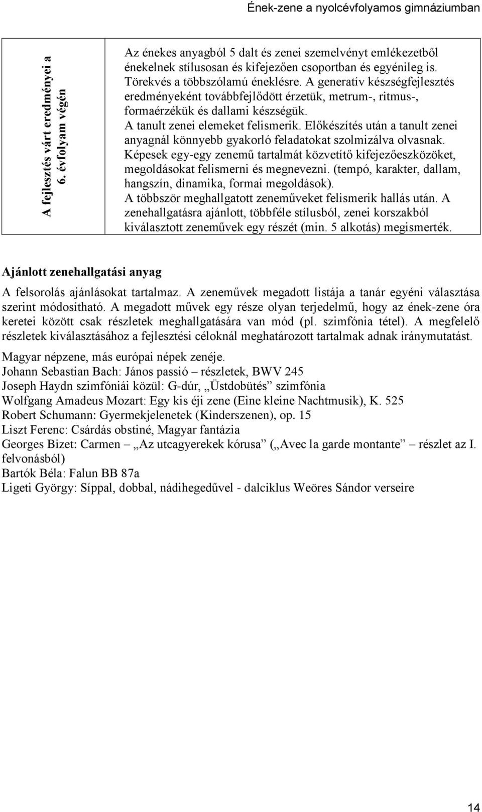 Törekvés a többszólamú éneklésre. A generatív készségfejlesztés eredményeként továbbfejlődött érzetük, metrum-, ritmus-, formaérzékük és dallami készségük. A tanult zenei elemeket felismerik.