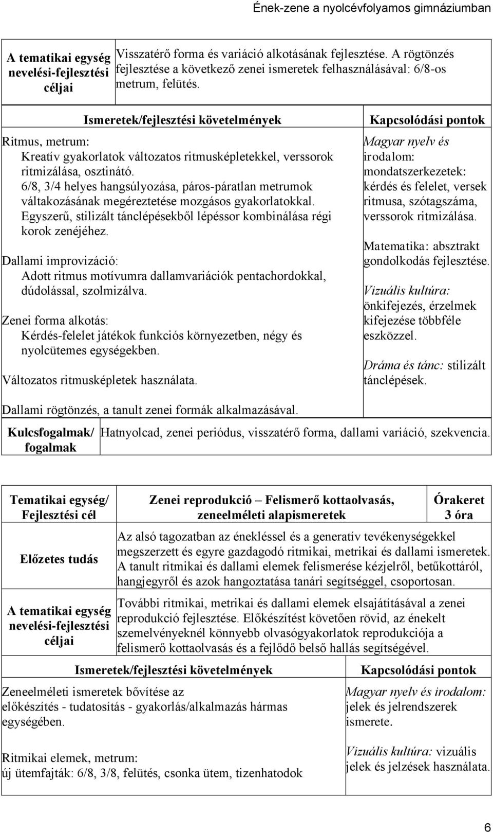 6/8, 3/4 helyes hangsúlyozása, páros-páratlan metrumok váltakozásának megéreztetése mozgásos gyakorlatokkal. Egyszerű, stilizált tánclépésekből lépéssor kombinálása régi korok zenéjéhez.