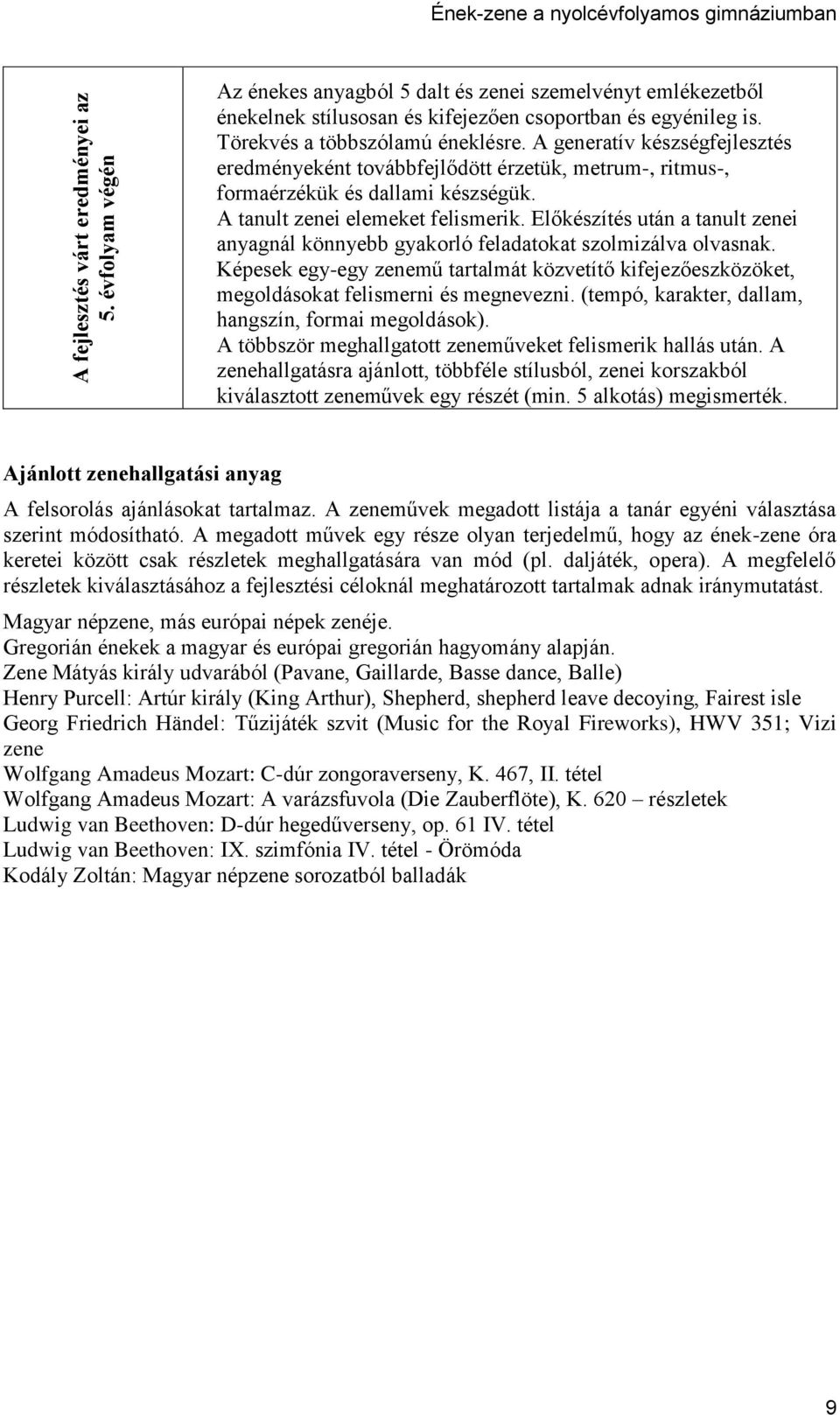 Törekvés a többszólamú éneklésre. A generatív készségfejlesztés eredményeként továbbfejlődött érzetük, metrum-, ritmus-, formaérzékük és dallami készségük. A tanult zenei elemeket felismerik.