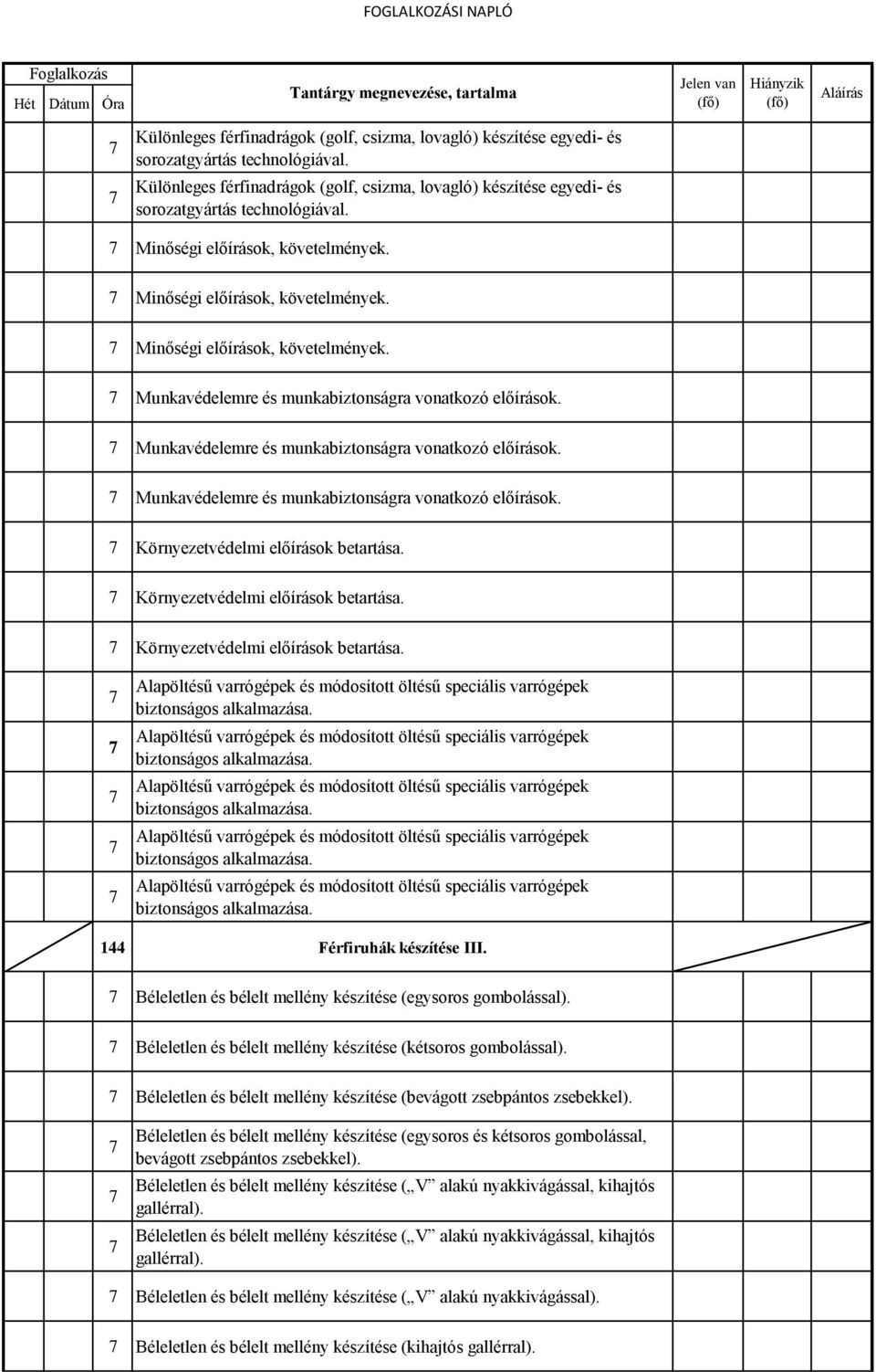 Környezetvédelmi előírások betartása. Környezetvédelmi előírások betartása. 144 Férfiruhák készítése II Béleletlen és bélelt mellény készítése (egysoros gombolással).