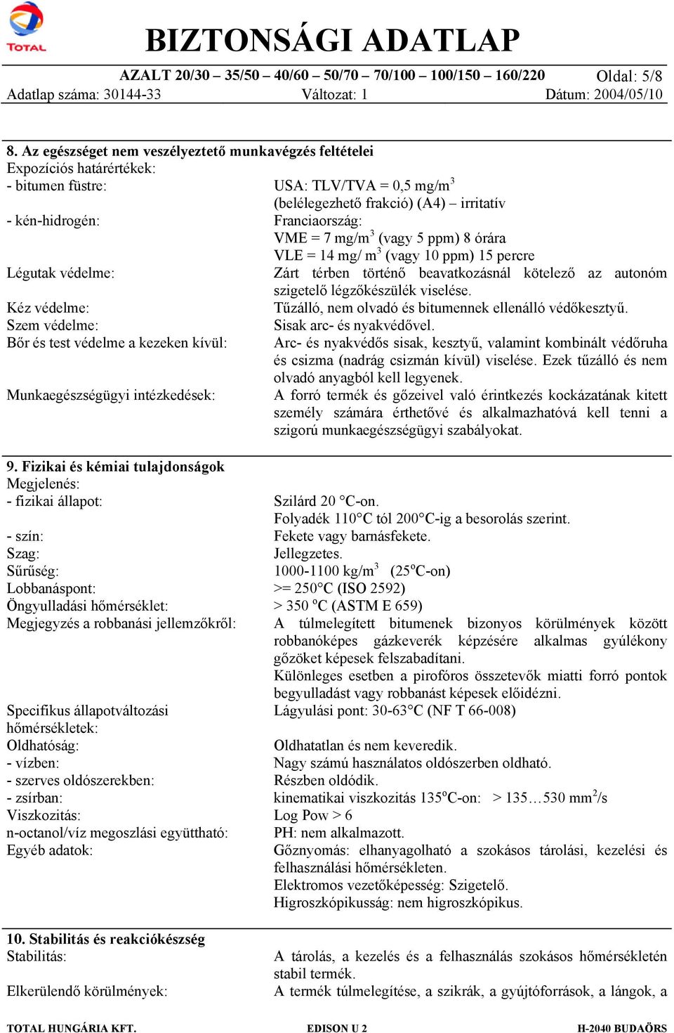 Munkaegészségügyi intézkedések: USA: TLV/TVA = 0,5 mg/m 3 (belélegezhető frakció) (A4) irritatív Franciaország: VME = 7 mg/m 3 (vagy 5 ppm) 8 órára VLE = 14 mg/ m 3 (vagy 10 ppm) 15 percre Zárt