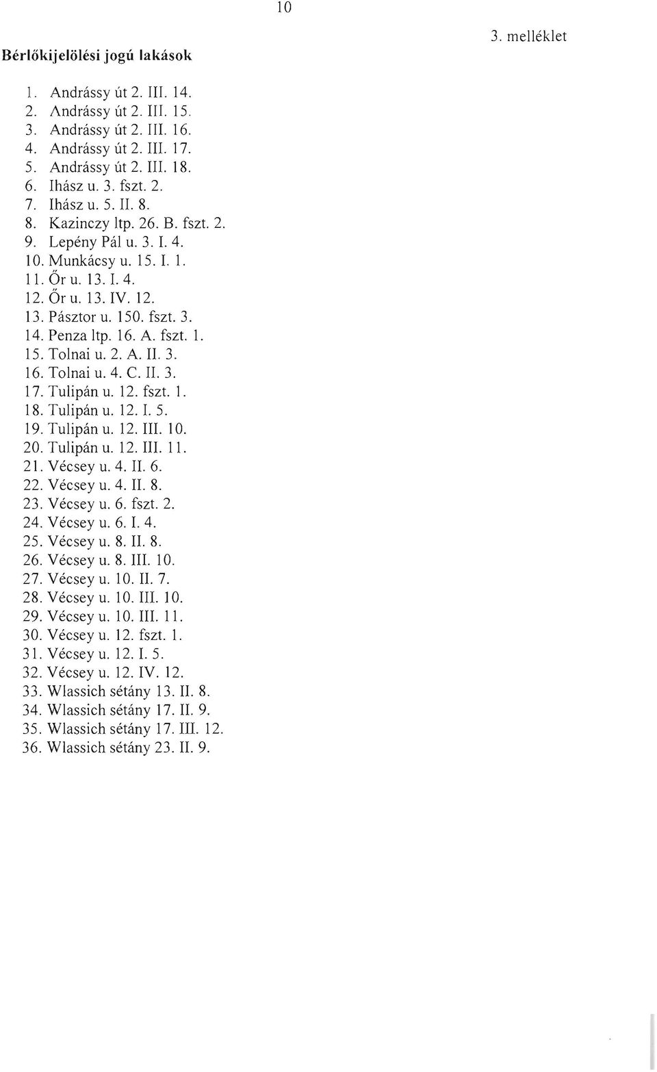 A. fszt. l. 15. Tolnai u. 2. A. II. 3. 16. Tolnai u. 4. C. II. 3. 17. Tul ipán u. 12. fszt. l. 18. Tulipán u. 12. I. 5. 19. Tul ipán u. 12. III. 10. 20. Tulipán u. 12. III. l l. 21. Vécsey u. 4. II. 6.