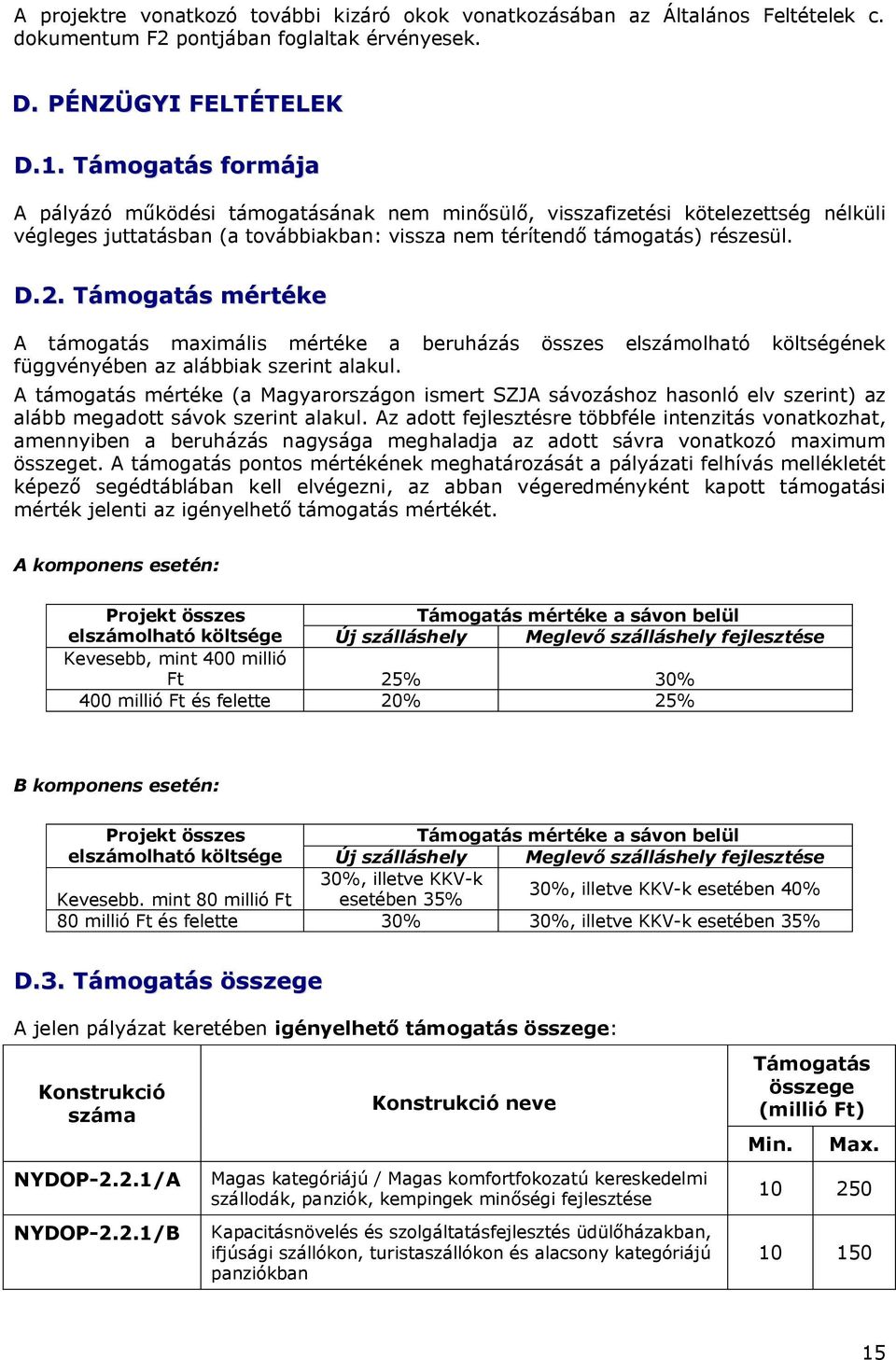 Támogatás mértéke A támogatás maximális mértéke a beruházás összes elszámolható költségének függvényében az alábbiak szerint alakul.