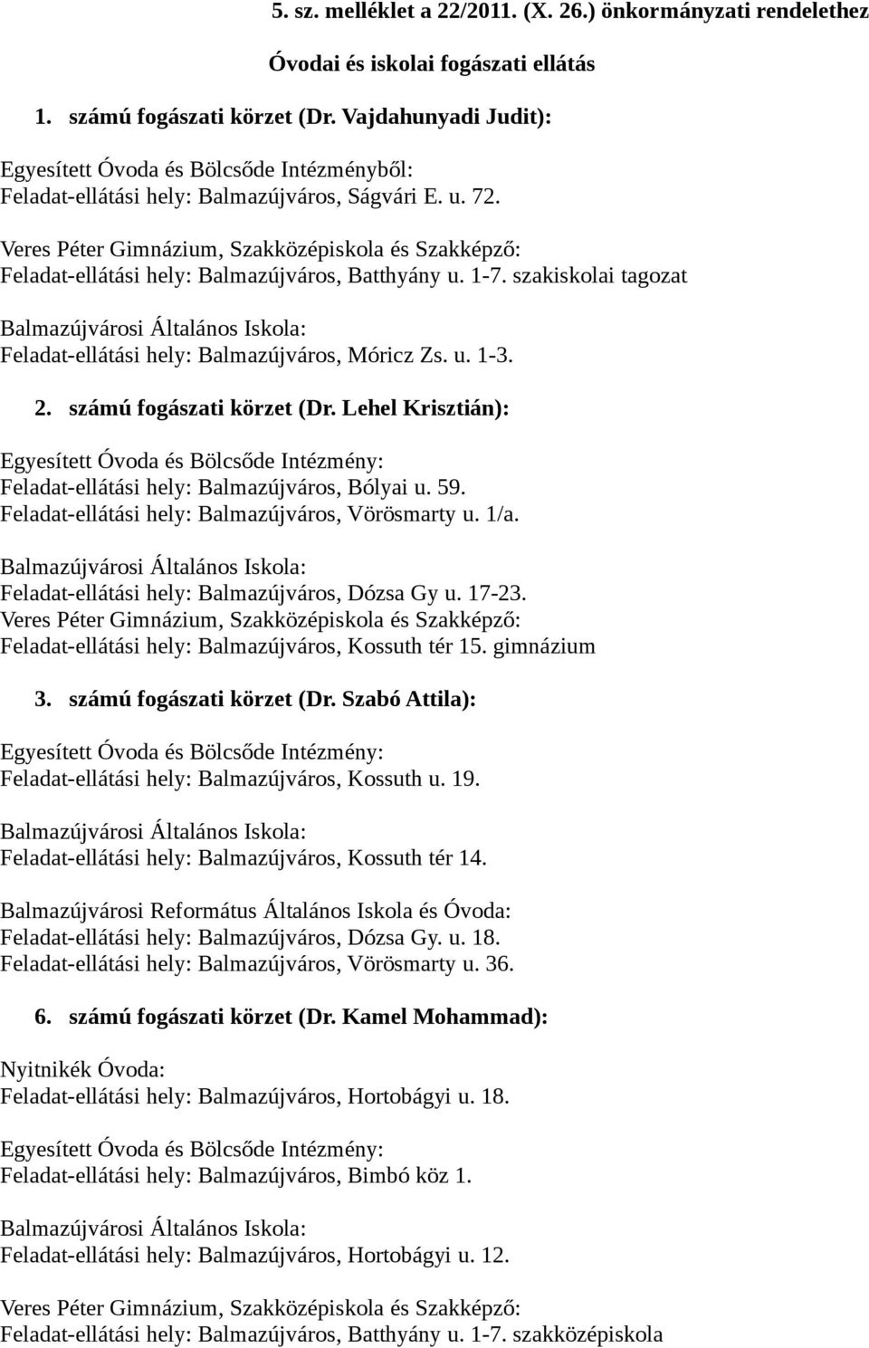 Veres Péter Gimnázium, Szakközépiskola és Szakképző: Feladat-ellátási hely: Balmazújváros, Batthyány u. 1-7. szakiskolai tagozat Feladat-ellátási hely: Balmazújváros, Móricz Zs. u. 1-3. 2.