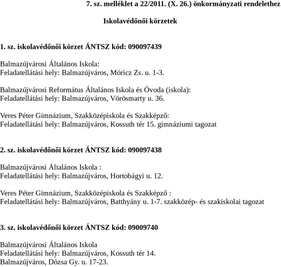 Veres Péter Gimnázium, Szakközépiskola és Szakképző: Feladatellátási hely: Balmazújváros, Kossuth tér 15. gimnáziumi tagozat 2. sz.