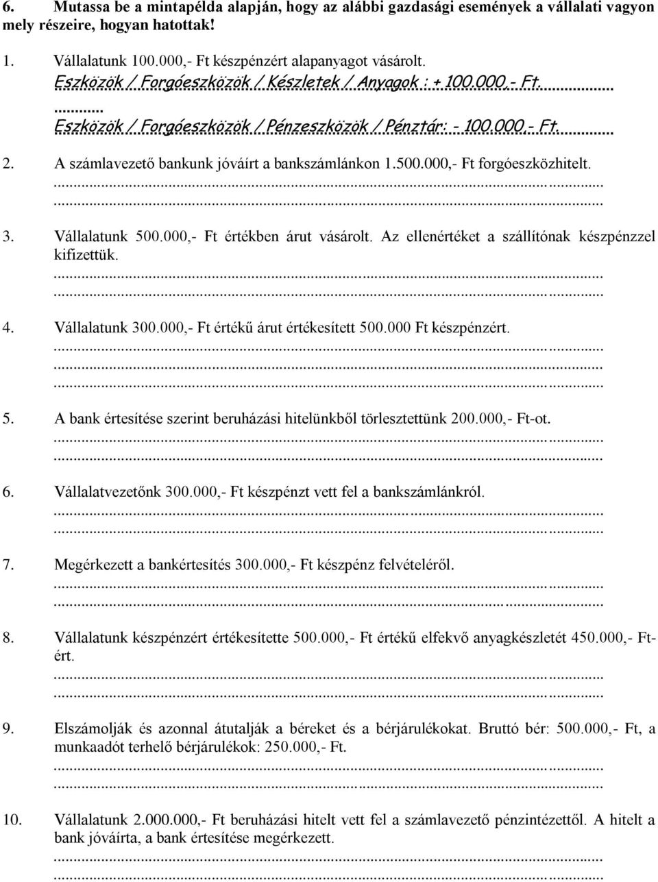 000,- Ft forgóeszközhitelt. 3. Vállalatunk 500.000,- Ft értékben árut vásárolt. Az ellenértéket a szállítónak készpénzzel kifizettük. 4. Vállalatunk 300.000,- Ft értékű árut értékesített 500.