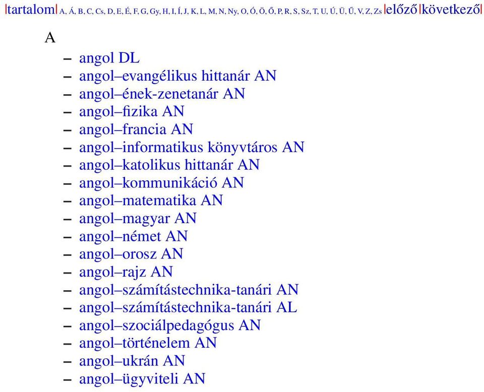 könyvtáros AN angol katolikus hittanár AN angol kommunikáció AN angol matematika AN angol magyar AN angol német AN angol orosz AN angol