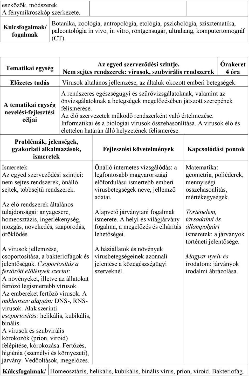 Tematikai egység Előzetes tudás A tematikai egység nevelési-fejlesztési gyakorlati alkalmazások, ismeretek Ismeretek Az egyed szerveződési szintjei: nem sejtes rendszerek, önálló sejtek, többsejtű