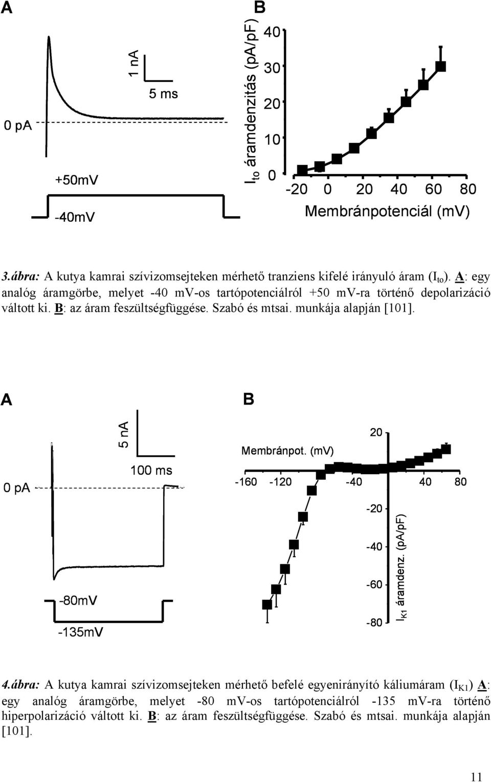 A: egy analóg áramgörbe, melyet -40 mv-os tartópotenciálról +50 mv-ra történő depolarizáció váltott ki. B: az áram feszültségfüggése. Szabó és mtsai. munkája alapján [101].