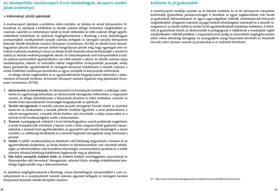 Az ajánlások a kérdésben az iskolák számára átfogó, holisztikus megközelítést javasolnak, valamint az intézményen belüli és kívüli többoldalú és több szakmát átfogó együttműködések kialakítását.