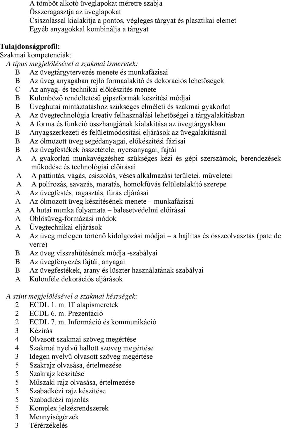 Az anyag- és technikai előkészítés menete B Különböző rendeltetésű gipszformák készítési módjai B Üveghutai mintáztatáshoz szükséges elméleti és szakmai gyakorlat A Az üvegtechnológia kreatív