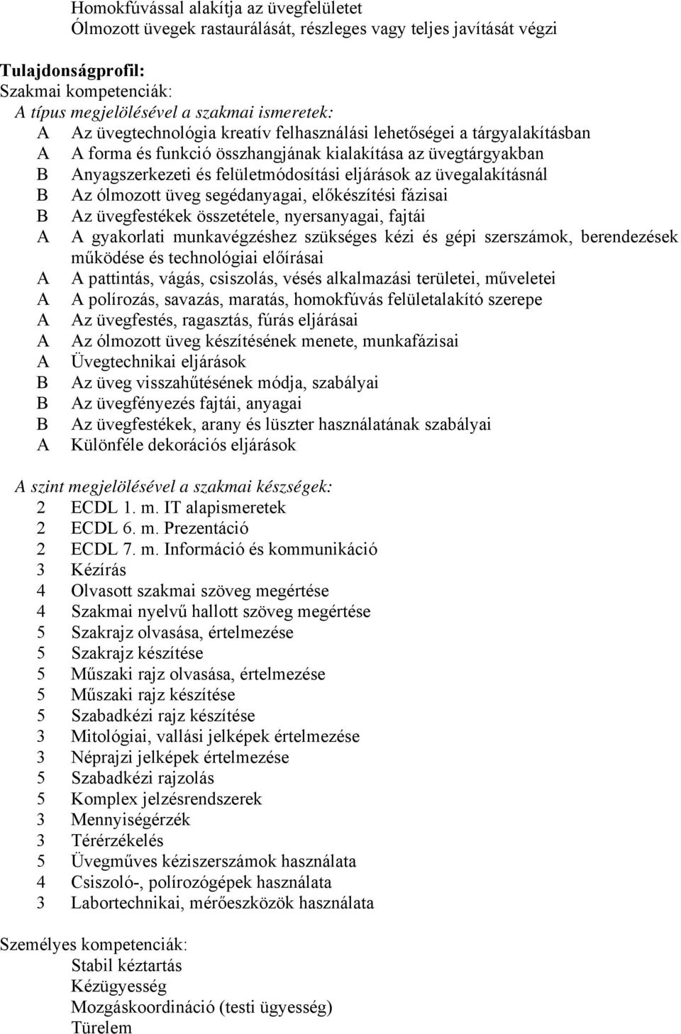 üvegalakításnál B Az ólmozott üveg segédanyagai, előkészítési fázisai B Az üvegfestékek összetétele, nyersanyagai, fajtái A A gyakorlati munkavégzéshez szükséges kézi és gépi szerszámok, berendezések