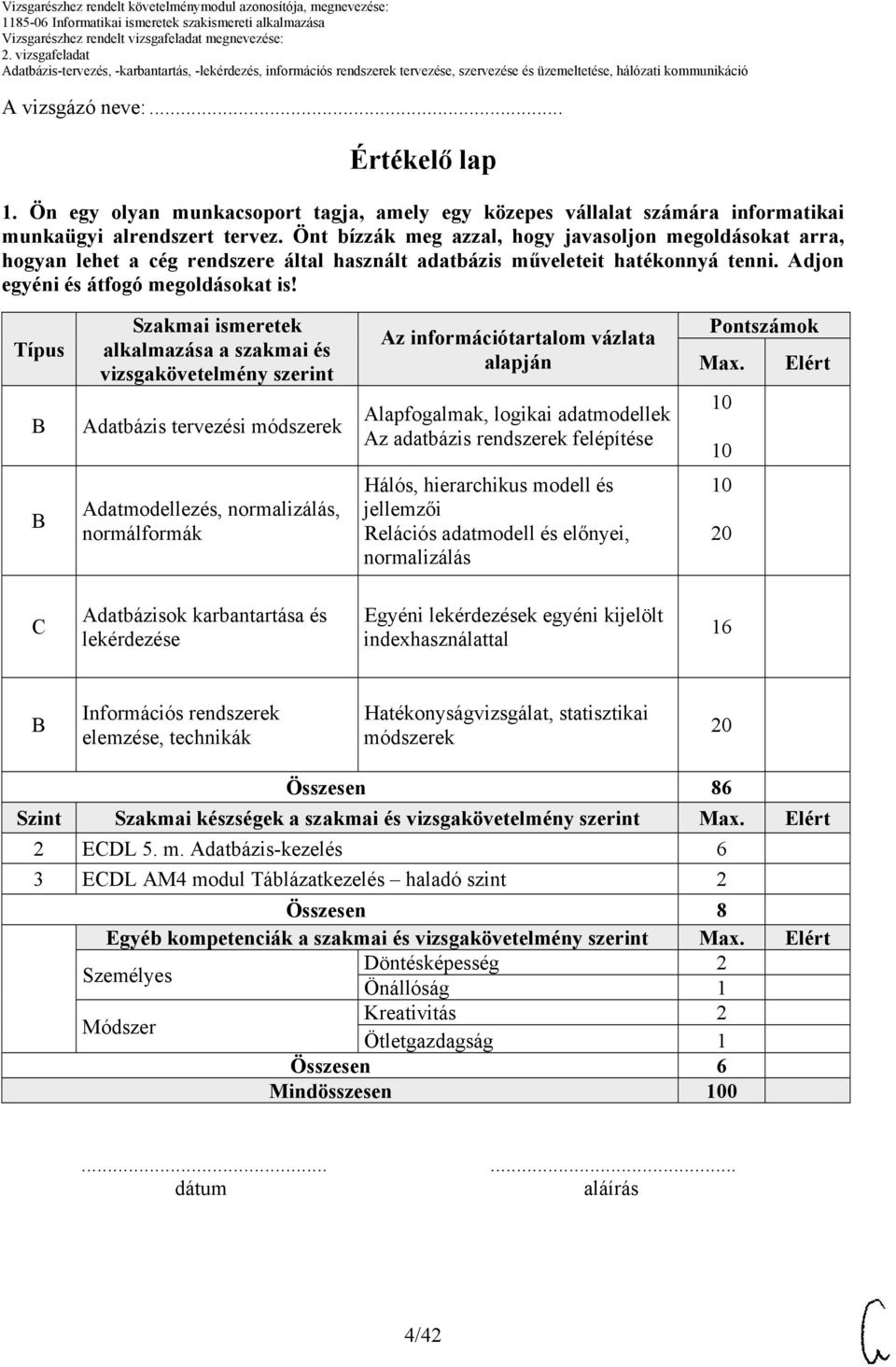 Típus Szakmai ismeretek alkalmazása a szakmai és vizsgakövetelmény szerint Adatbázis tervezési módszerek Az információtartalom vázlata alapján Alapfogalmak, logikai adatmodellek Az adatbázis