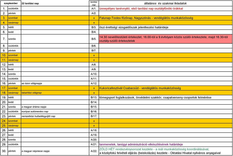 9. péntek B/7. 10. szombat x 11. vasárnap x 12. hétfő A/8. 13. kedd A/9. 14. szerda A/10. 15. csütörtök A/11. 16. péntek az ózon világnapja A/12. 14.30 nevelőtestületi értekezlet, 16.00-tól a 9.