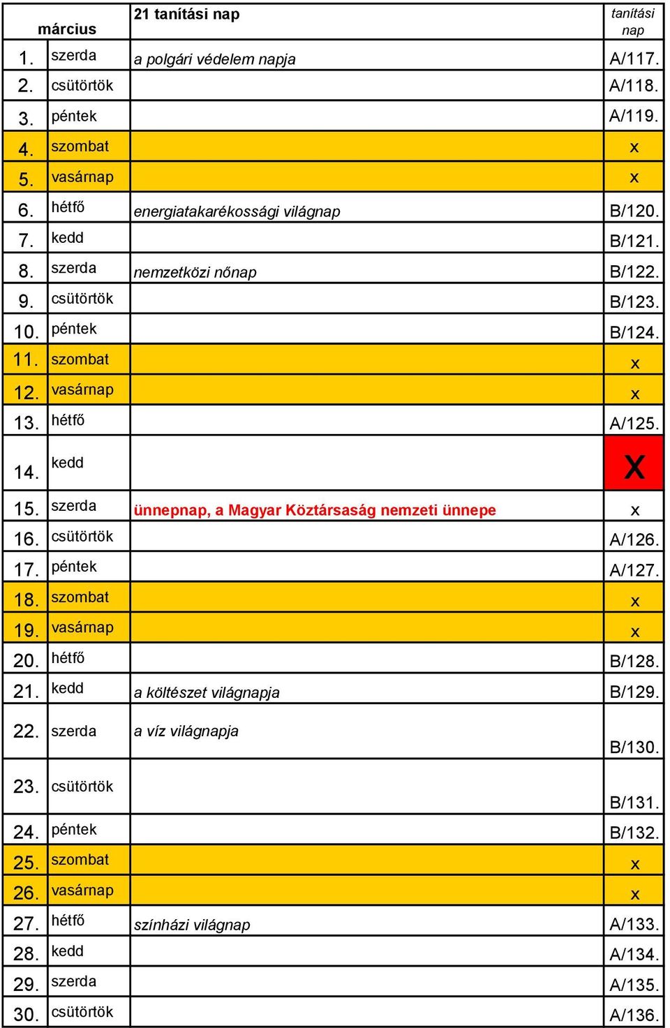 14. március kedd 15. szerda ünnepnap, a Magyar Köztársaság nemzeti ünnepe x 16. csütörtök A/126. 17. péntek A/127. 18. szombat x 19. vasárnap x 20. hétfő B/128. 21.