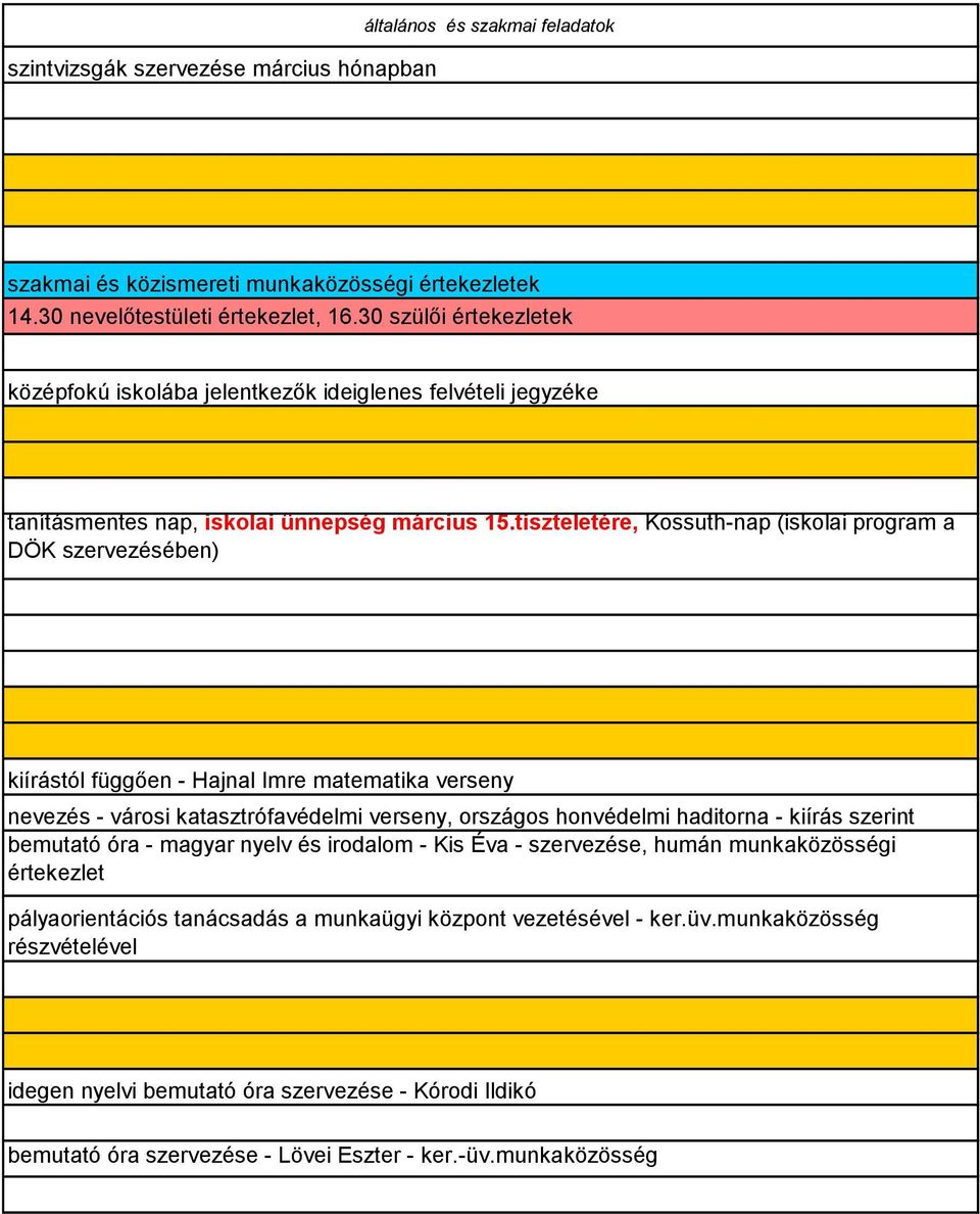 tiszteletére, Kossuth-nap (iskolai program a DÖK szervezésében) kiírástól függően - Hajnal Imre matematika verseny nevezés - városi katasztrófavédelmi verseny, országos honvédelmi haditorna - kiírás