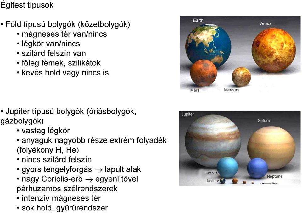 vastag légkör anyaguk nagyobb része extrém folyadék (folyékony H, He) nincs szilárd felszín gyors