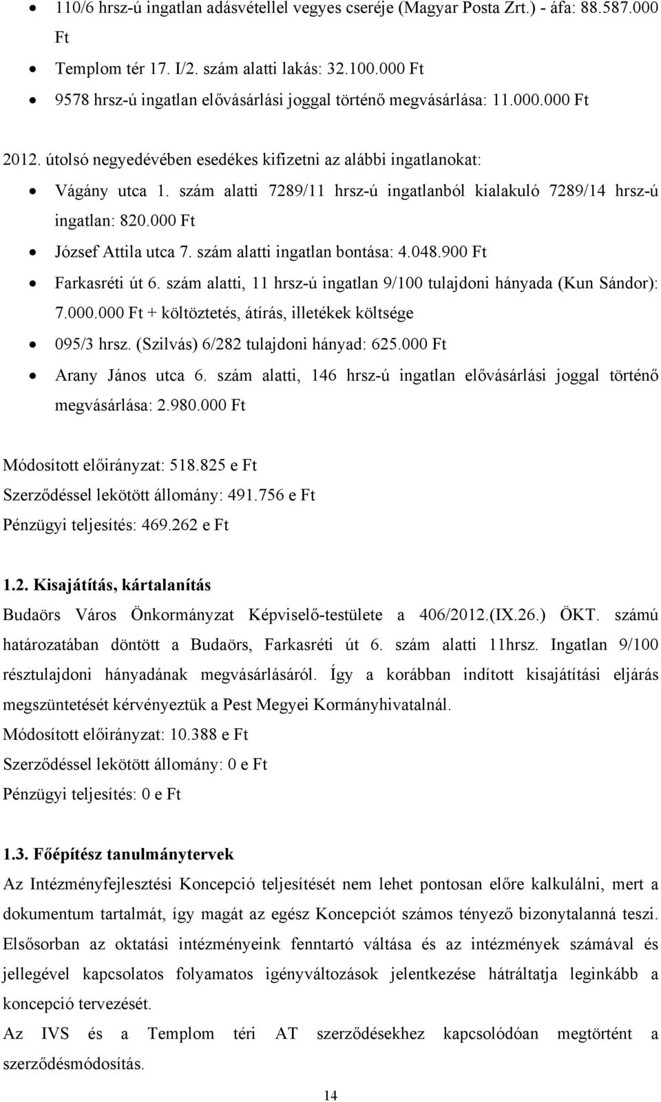 szám alatti 7289/11 hrsz-ú ingatlanból kialakuló 7289/14 hrsz-ú ingatlan: 820.000 Ft József Attila utca 7. szám alatti ingatlan bontása: 4.048.900 Ft Farkasréti út 6.