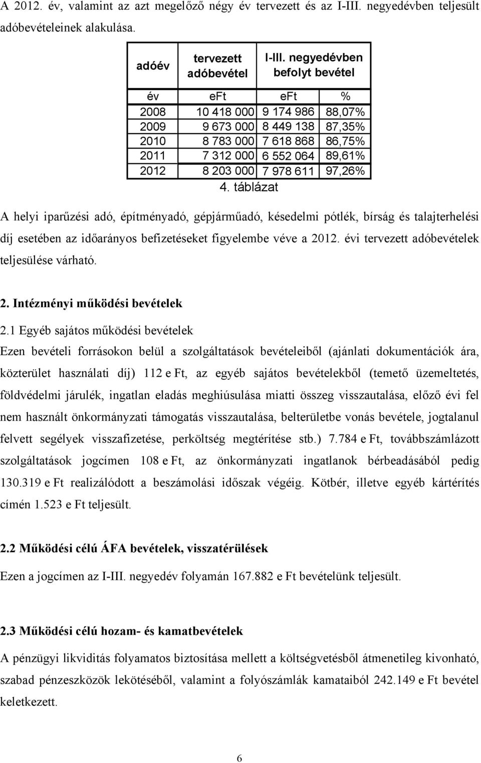 táblázat A helyi iparűzési adó, építményadó, gépjárműadó, késedelmi pótlék, bírság és talajterhelési díj esetében az időarányos befizetéseket figyelembe véve a 2012.