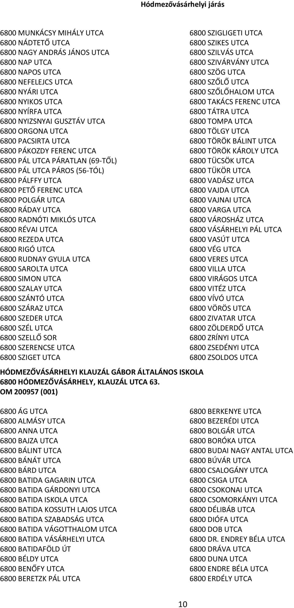 RADNÓTI MIKLÓS UTCA 6800 RÉVAI UTCA 6800 REZEDA UTCA 6800 RIGÓ UTCA 6800 RUDNAY GYULA UTCA 6800 SAROLTA UTCA 6800 SIMON UTCA 6800 SZALAY UTCA 6800 SZÁNTÓ UTCA 6800 SZÁRAZ UTCA 6800 SZEDER UTCA 6800