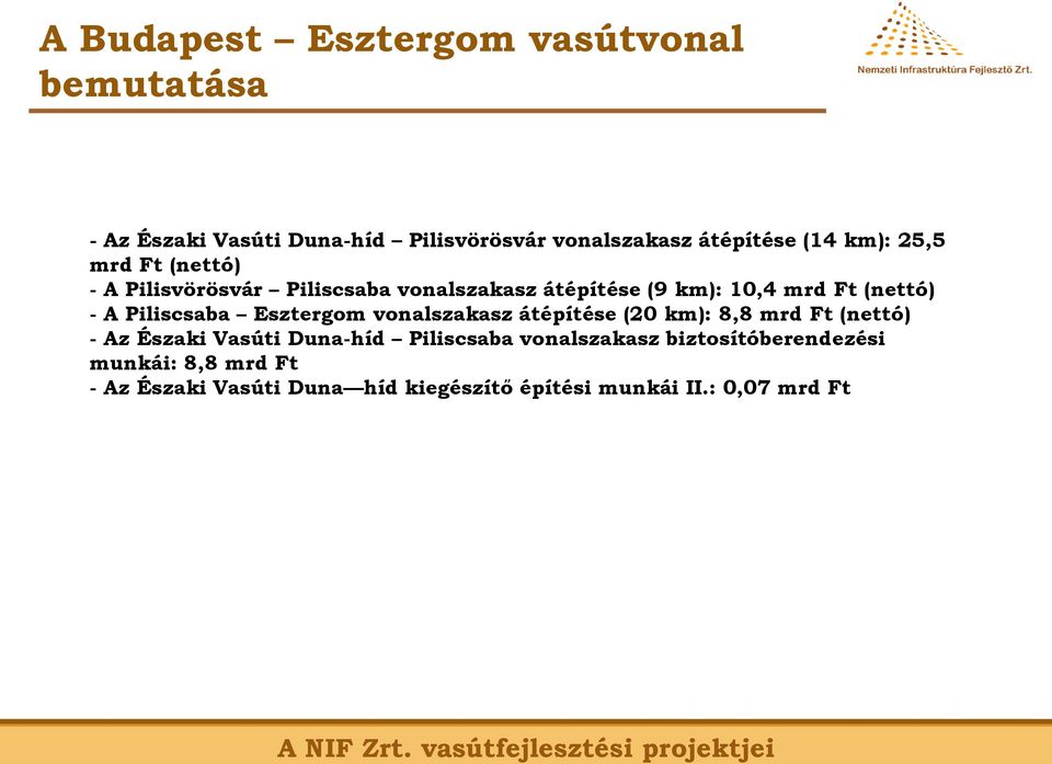 vonalszakasz átépítése (20 km): 8,8 mrd Ft (nettó) - Az Északi Vasúti Duna-híd Piliscsaba vonalszakasz