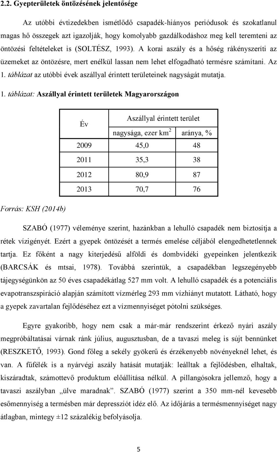 táblázat az utóbbi évek aszállyal érintett területeinek nagyságát mutatja. 1.