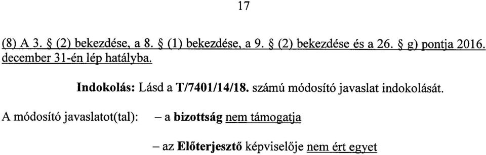 Indokolás : Lásd a T/7401/14/18. számú módosító javaslat indokolását.