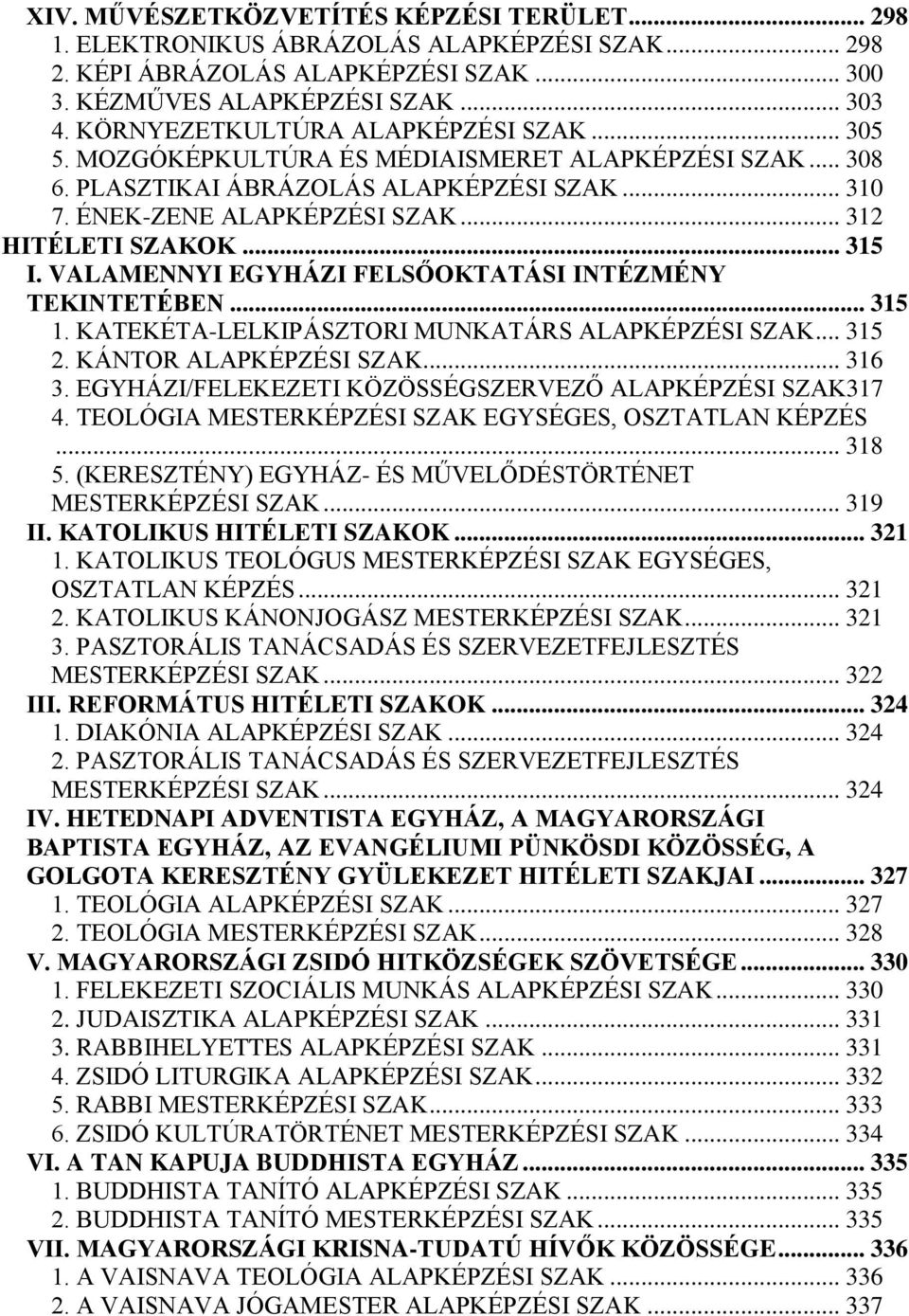 .. 315 I. VALAMENNYI EGYHÁZI FELSŐOKTATÁSI INTÉZMÉNY TEKINTETÉBEN... 315 1. KATEKÉTA-LELKIPÁSZTORI MUNKATÁRS ALAPKÉPZÉSI SZAK... 315 2. KÁNTOR ALAPKÉPZÉSI SZAK... 316 3.